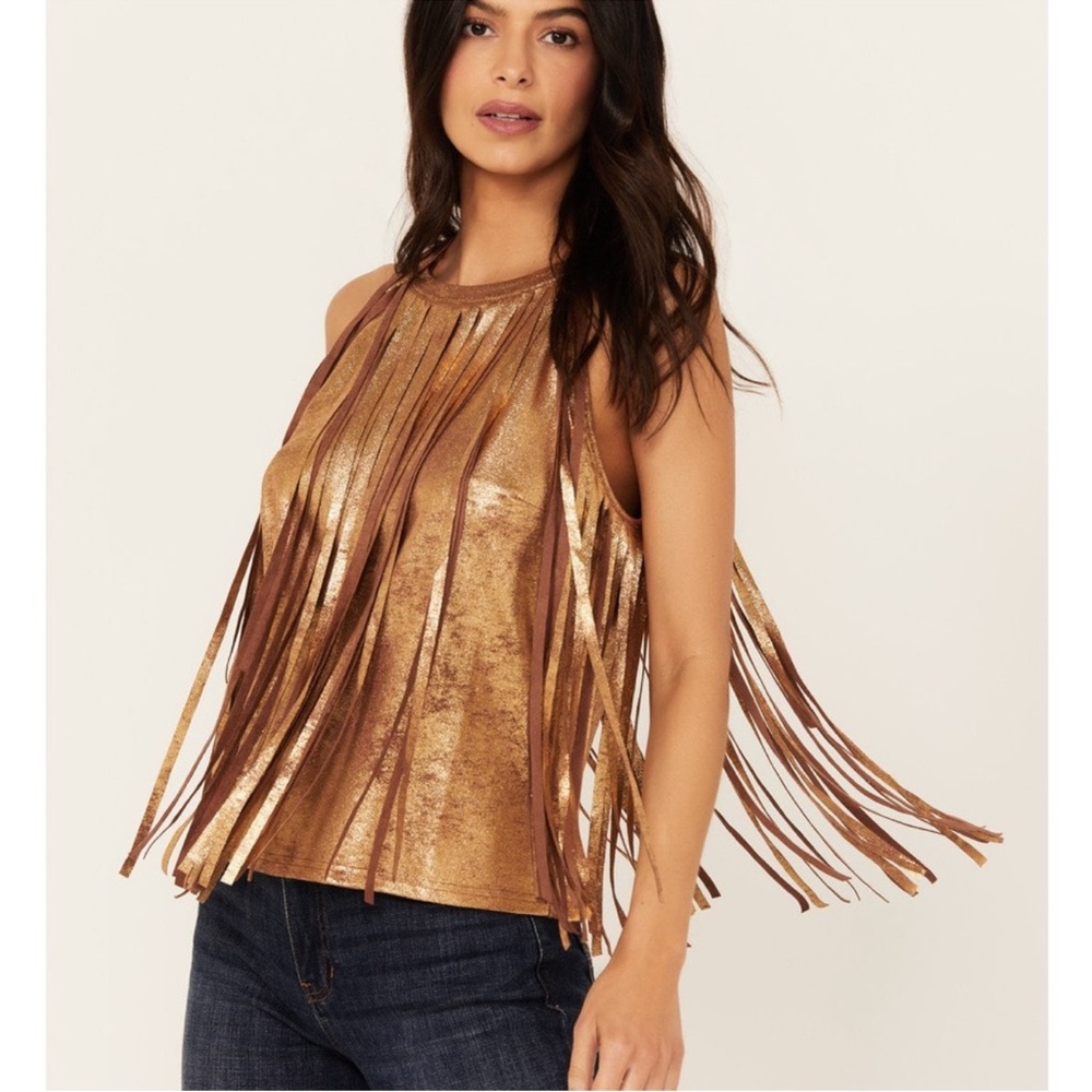 Miranda Lambert Western Large Metallic Gold Fringe Tank Top - Picture 3 of 6